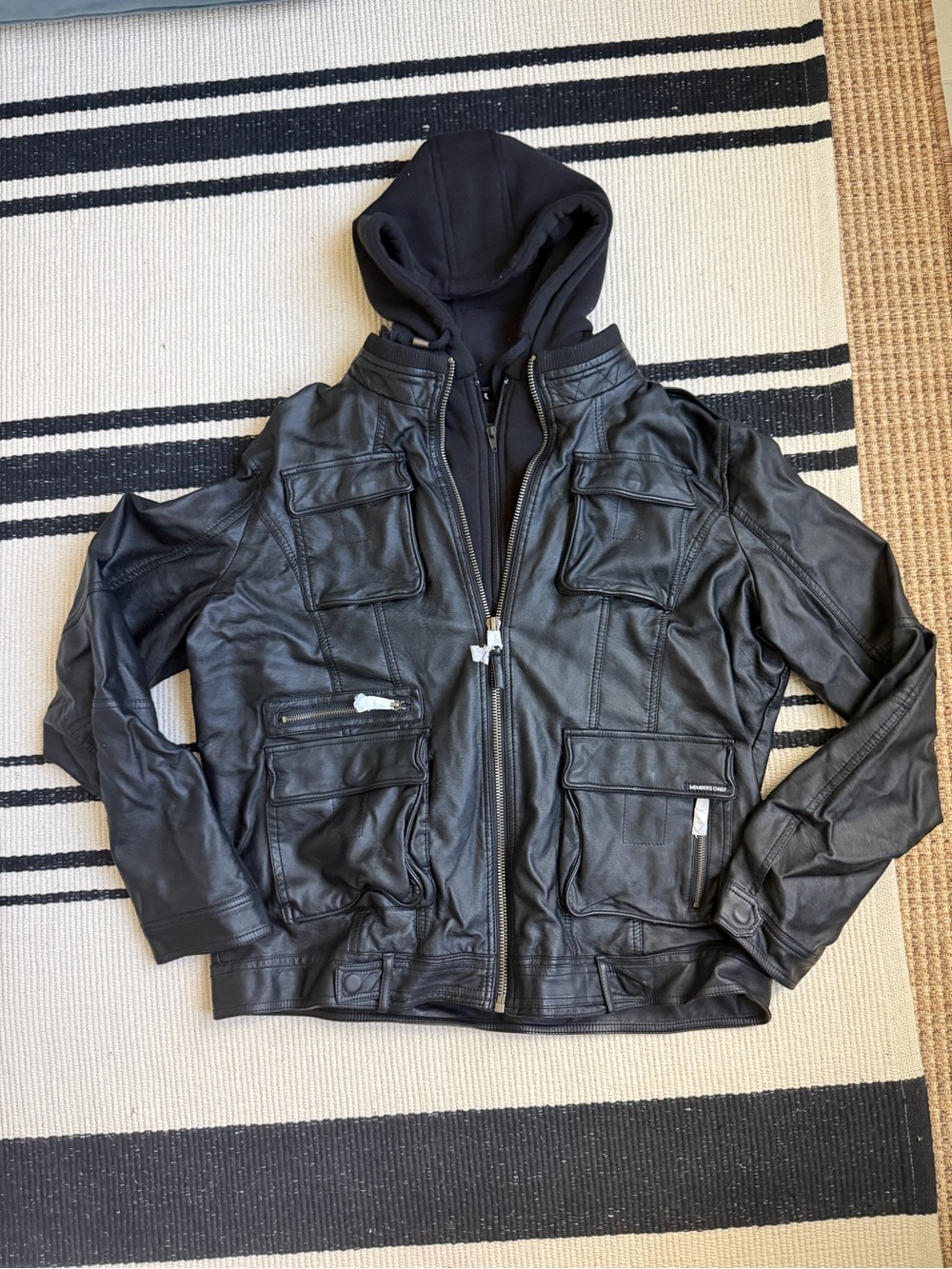 NWT Members Only Black Faux Leather Jacket with Zip Up Hooded Sweatshirt Insert